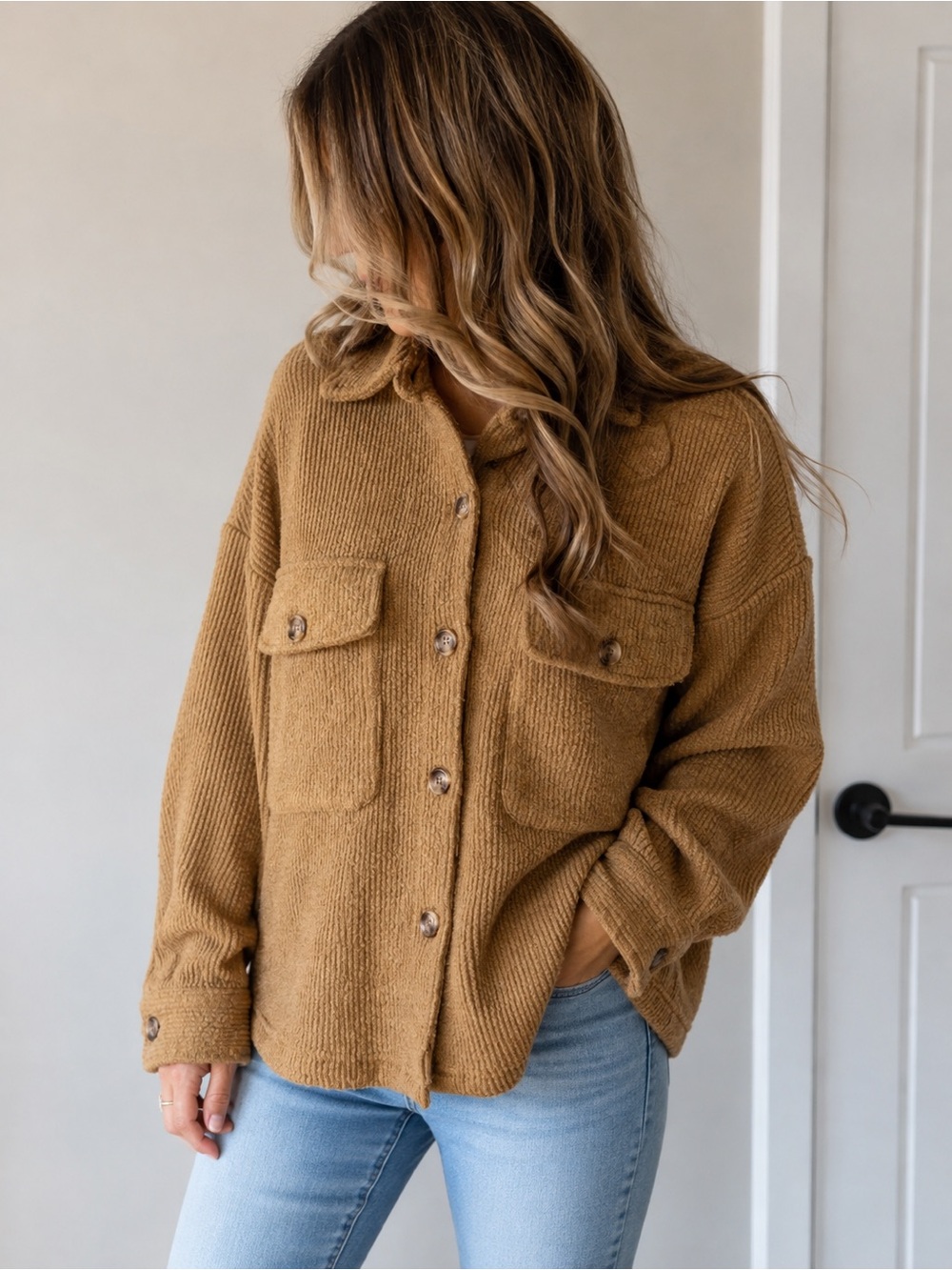 Loveriche Camel Textured Knit Shacket Jacket Size Large